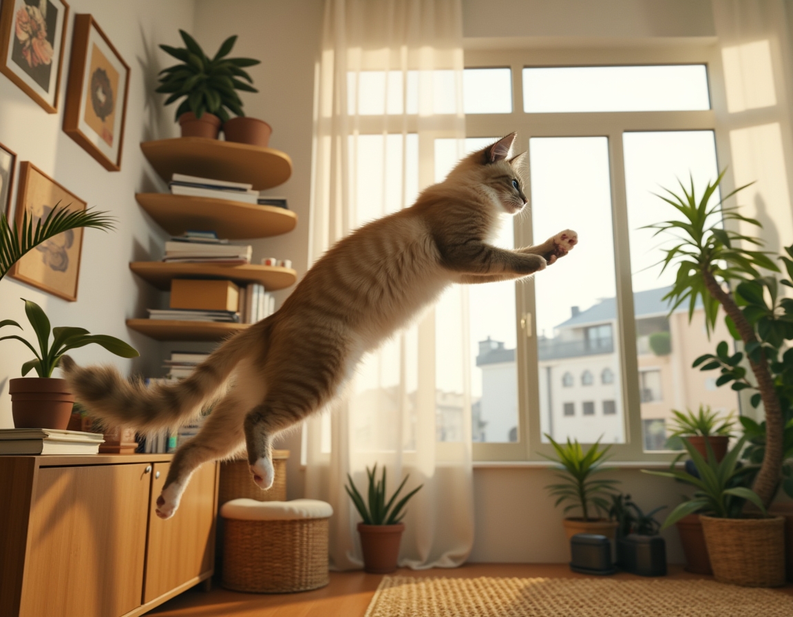 Cat leaps toward a tall shelf filled with books, plants, and framed photos. The room is well-lit with natural light, highlighting the cat’s graceful movement.
